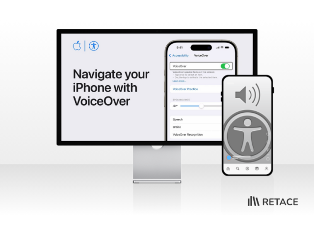 Logo do VoiceOver onde aparece um símbolo de acessibilidade e sobre ele um alto-falante